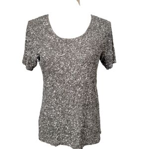 EXETERA Vintage Handmade Taupe & Silver Sequin Short Sleeve Top